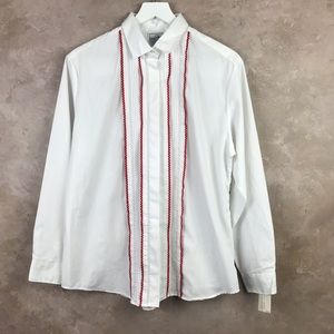 Vintage Dunloggin White Button Down Red Ribbon Trim Pleated Front Shirt Women 16